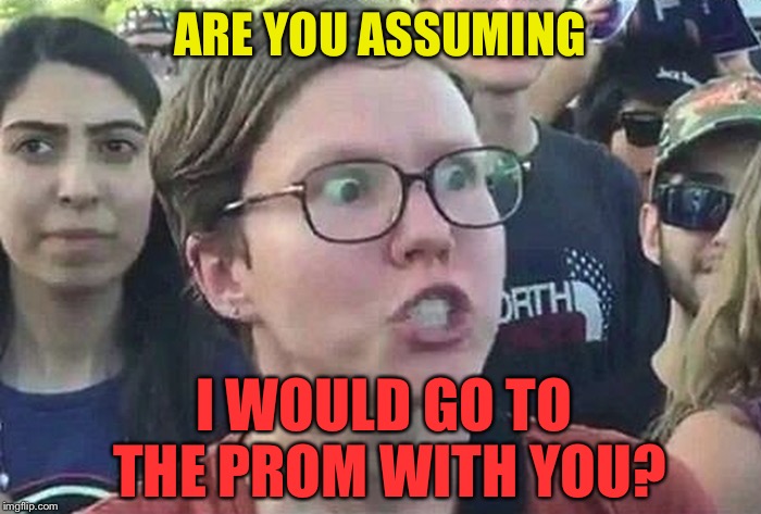 Triggered Liberal | ARE YOU ASSUMING I WOULD GO TO THE PROM WITH YOU? | image tagged in triggered liberal | made w/ Imgflip meme maker