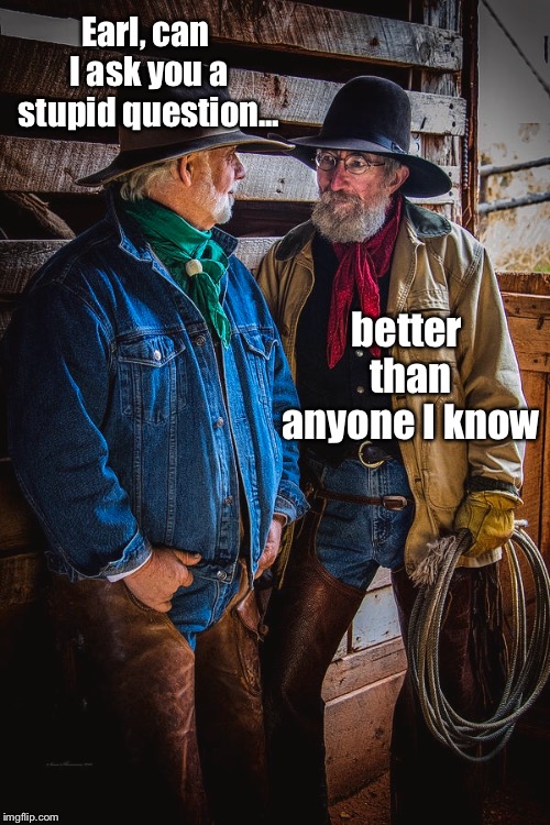 Humor between friends  |  Earl, can I ask you a stupid question... better than anyone I know | image tagged in cowboys,sarcastic,sarcasm,funny,friends | made w/ Imgflip meme maker
