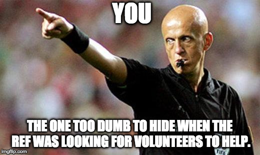 football referee | YOU; THE ONE TOO DUMB TO HIDE WHEN THE REF WAS LOOKING FOR VOLUNTEERS TO HELP. | image tagged in football referee | made w/ Imgflip meme maker