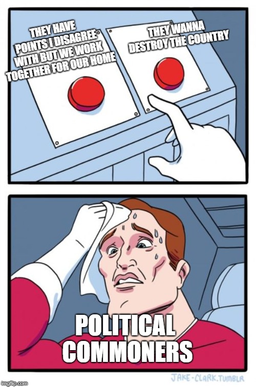 Two Buttons Meme | THEY HAVE POINTS I DISAGREE WITH BUT WE WORK TOGETHER FOR OUR HOME THEY WANNA DESTROY THE COUNTRY POLITICAL COMMONERS | image tagged in memes,two buttons | made w/ Imgflip meme maker