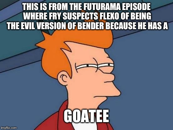 Futurama Fry Meme | THIS IS FROM THE FUTURAMA EPISODE WHERE FRY SUSPECTS FLEXO OF BEING THE EVIL VERSION OF BENDER BECAUSE HE HAS A; GOATEE | image tagged in memes,futurama fry | made w/ Imgflip meme maker