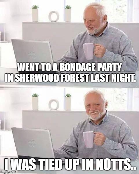 Hide the Pain Harold Meme | WENT TO A BONDAGE PARTY IN SHERWOOD FOREST LAST NIGHT. I WAS TIED UP IN NOTTS.. | image tagged in memes,hide the pain harold | made w/ Imgflip meme maker