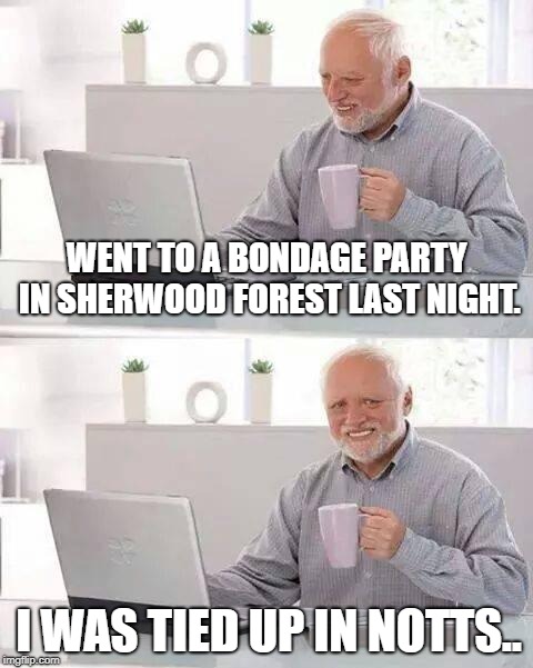 Hide the Pain Harold | WENT TO A BONDAGE PARTY IN SHERWOOD FOREST LAST NIGHT. I WAS TIED UP IN NOTTS.. | image tagged in memes,hide the pain harold | made w/ Imgflip meme maker