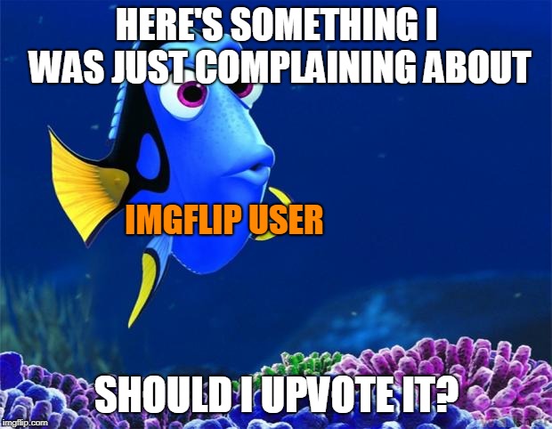 Dory | HERE'S SOMETHING I WAS JUST COMPLAINING ABOUT SHOULD I UPVOTE IT? IMGFLIP USER | image tagged in dory | made w/ Imgflip meme maker