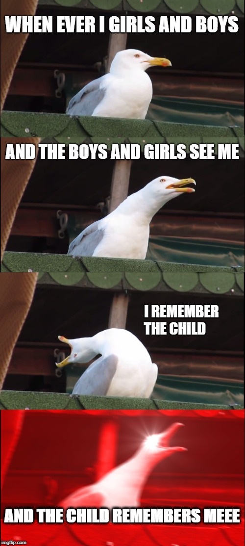 Inhaling Seagull Meme | WHEN EVER I GIRLS AND BOYS; AND THE BOYS AND GIRLS SEE ME; I REMEMBER THE CHILD; AND THE CHILD REMEMBERS MEEE | image tagged in memes,inhaling seagull | made w/ Imgflip meme maker