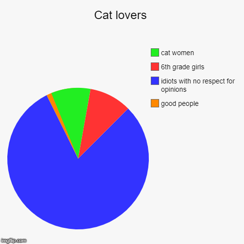 Cat lovers | good people, idiots with no respect for opinions, 6th grade girls, cat women | image tagged in funny,pie charts | made w/ Imgflip chart maker
