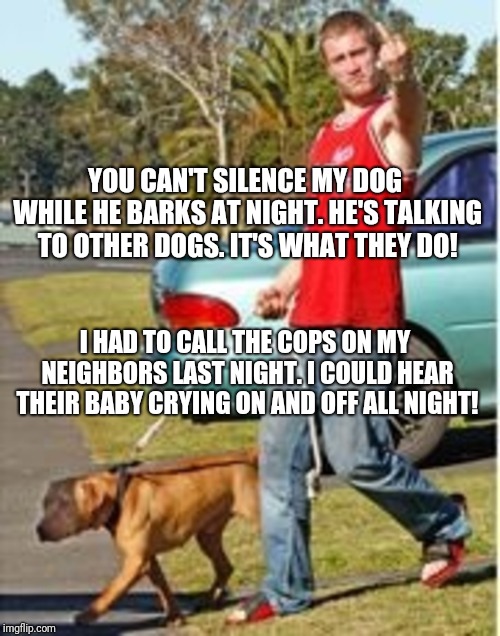 YOU CAN'T SILENCE MY DOG WHILE HE BARKS AT NIGHT. HE'S TALKING TO OTHER DOGS. IT'S WHAT THEY DO! I HAD TO CALL THE COPS ON MY NEIGHBORS LAST NIGHT. I COULD HEAR THEIR BABY CRYING ON AND OFF ALL NIGHT! | image tagged in dog owner douchebag | made w/ Imgflip meme maker