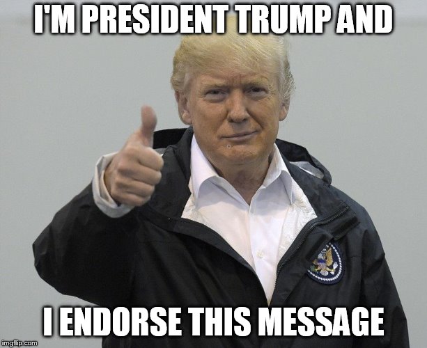 President Trump | I'M PRESIDENT TRUMP AND; I ENDORSE THIS MESSAGE | image tagged in president trump | made w/ Imgflip meme maker