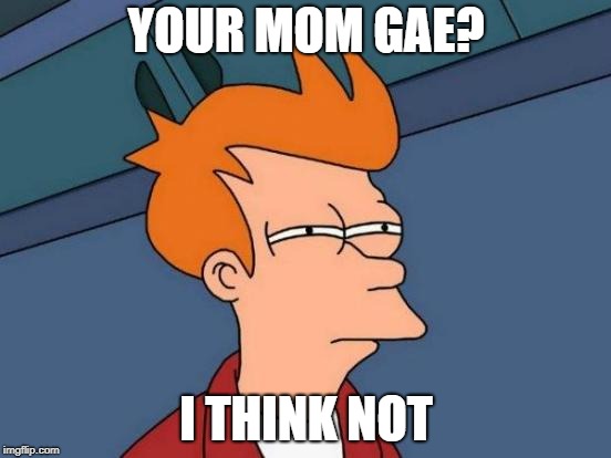 Futurama Fry Meme | YOUR MOM GAE? I THINK NOT | image tagged in memes,futurama fry | made w/ Imgflip meme maker