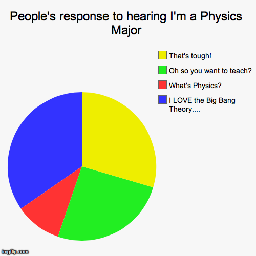 People's response to hearing I'm a Physics Major | I LOVE the Big Bang Theory...., What's Physics?, Oh so you want to teach?, That's tough! | image tagged in funny,pie charts | made w/ Imgflip chart maker