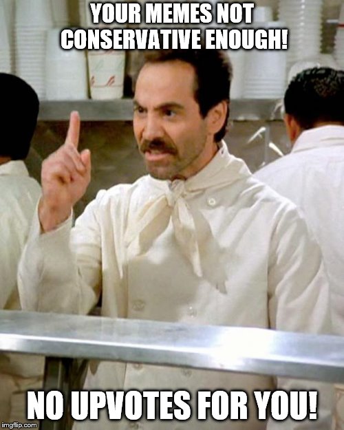 In my country you would be shot hanged and then burned! Lucky for you is only upvote penalty! | YOUR MEMES NOT CONSERVATIVE ENOUGH! NO UPVOTES FOR YOU! | image tagged in soup nazi,political meme,free speech | made w/ Imgflip meme maker