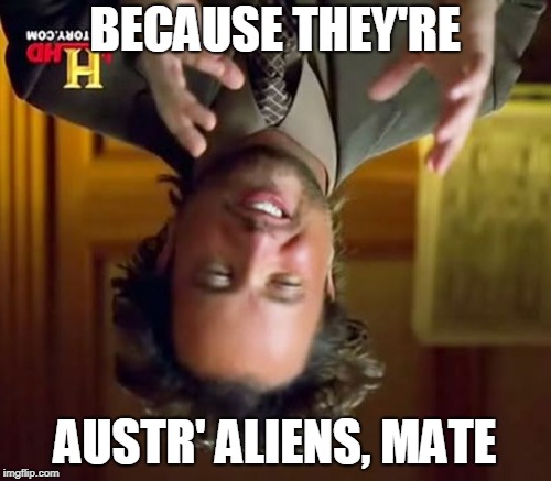 Ancient Aliens Meme | BECAUSE THEY'RE AUSTR' ALIENS, MATE | image tagged in memes,ancient aliens | made w/ Imgflip meme maker