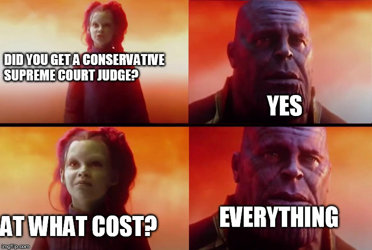 thanos what did it cost | DID YOU GET A CONSERVATIVE SUPREME COURT JUDGE? YES; AT WHAT COST? EVERYTHING | image tagged in thanos what did it cost | made w/ Imgflip meme maker