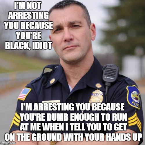   |  I'M NOT ARRESTING YOU BECAUSE YOU'RE BLACK, IDIOT; I'M ARRESTING YOU BECAUSE YOU'RE DUMB ENOUGH TO RUN AT ME WHEN I TELL YOU TO GET ON THE GROUND WITH YOUR HANDS UP | image tagged in cop,blacklivesmatter,stupid criminals,racism,idiots | made w/ Imgflip meme maker