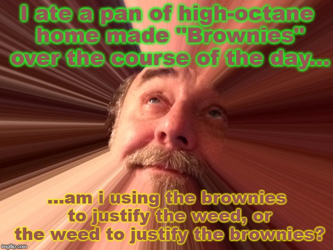 ...or maybe it's time to finally admit I have an addiction to oven-roasted aluminum. | I ate a pan of high-octane home made "Brownies" over the course of the day... ...am i using the brownies to justify the weed, or the weed to justify the brownies? | image tagged in edibles,weed,on weed,psychedelic chuck deep thought guy | made w/ Imgflip meme maker