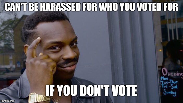 Roll Safe Think About It | CAN'T BE HARASSED FOR WHO YOU VOTED FOR; IF YOU DON'T VOTE | image tagged in memes,roll safe think about it | made w/ Imgflip meme maker