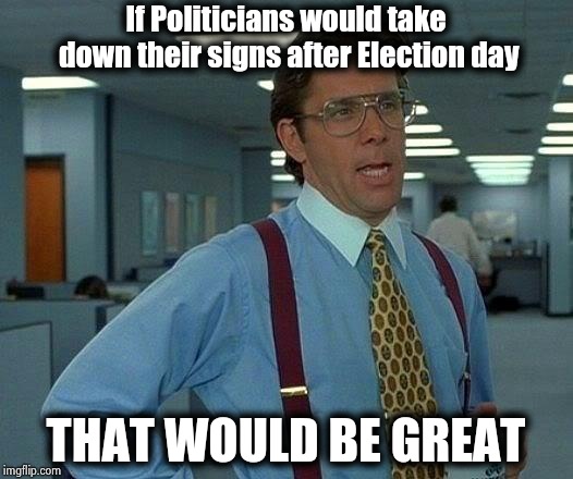 That Would Be Great Meme | If Politicians would take down their signs after Election day THAT WOULD BE GREAT | image tagged in memes,that would be great | made w/ Imgflip meme maker