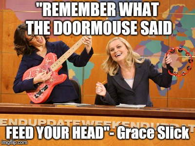 Saturday Night's alright | "REMEMBER WHAT THE DOORMOUSE SAID FEED YOUR HEAD"- Grace Slick | image tagged in saturday night's alright | made w/ Imgflip meme maker