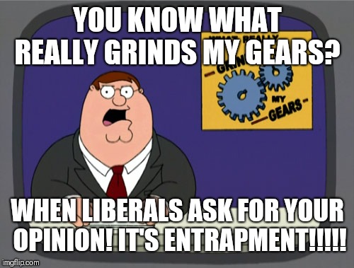 Peter Griffin News Meme | YOU KNOW WHAT REALLY GRINDS MY GEARS? WHEN LIBERALS ASK FOR YOUR OPINION! IT'S ENTRAPMENT!!!!! | image tagged in memes,peter griffin news | made w/ Imgflip meme maker