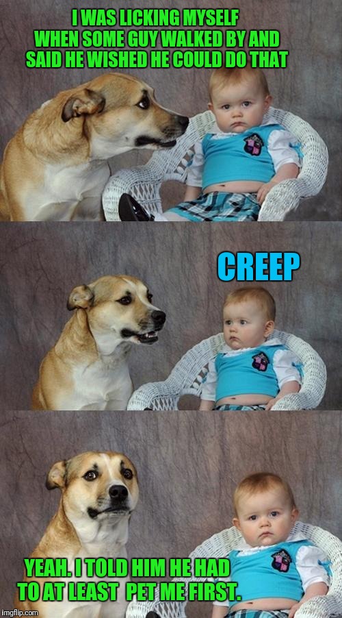 Whose A Good Boy? | I WAS LICKING MYSELF WHEN SOME GUY WALKED BY AND SAID HE WISHED HE COULD DO THAT; CREEP; YEAH. I TOLD HIM HE HAD TO AT LEAST  PET ME FIRST. | image tagged in memes,dad joke dog | made w/ Imgflip meme maker