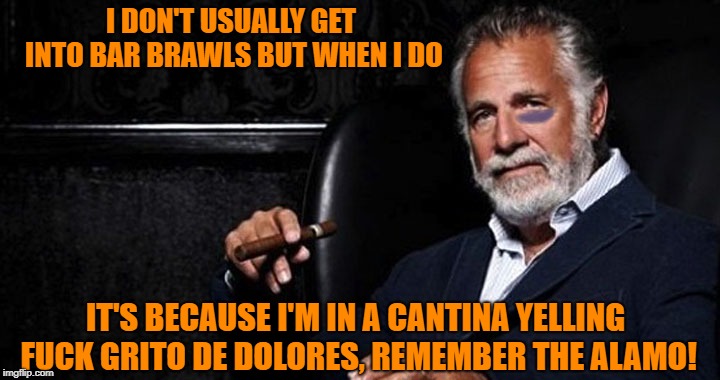 Remember the Alamo! | I DON'T USUALLY GET INTO BAR BRAWLS BUT WHEN I DO; IT'S BECAUSE I'M IN A CANTINA YELLING FUCK GRITO DE DOLORES, REMEMBER THE ALAMO! | image tagged in the most interesting man in the world,remember the alamo,memes,mexican independence day,funny memes | made w/ Imgflip meme maker