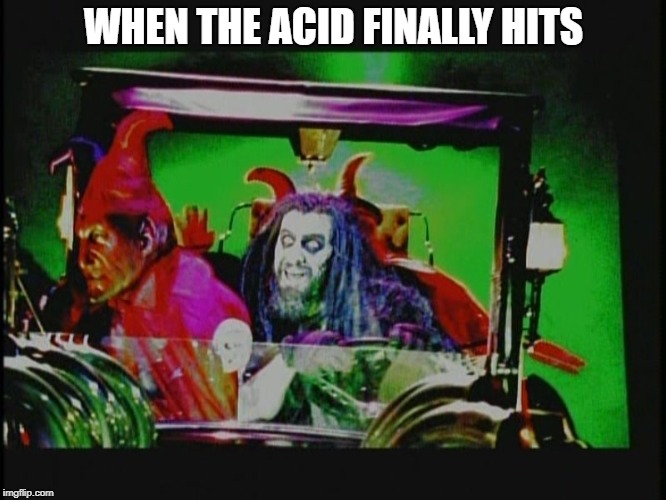 WHEN THE ACID FINALLY HITS | image tagged in rob zombie,acid,high,cocaine is a hell of a drug,drugs,drugs are bad | made w/ Imgflip meme maker