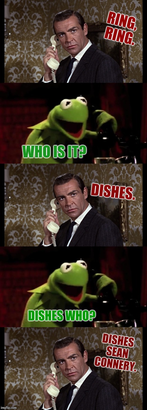 RING, RING. WHO IS IT? DISHES. DISHES WHO? DISHES SEAN CONNERY. | image tagged in meme,bad joke,really really bad joke | made w/ Imgflip meme maker