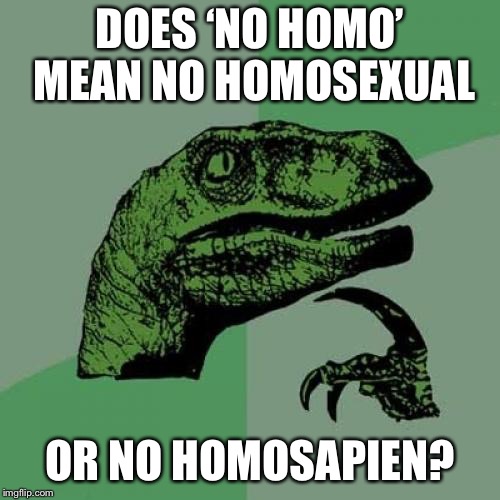 Philosoraptor Meme | DOES ‘NO HOMO’ MEAN NO HOMOSEXUAL; OR NO HOMOSAPIEN? | image tagged in memes,philosoraptor | made w/ Imgflip meme maker