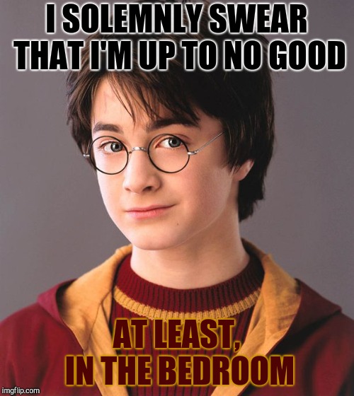 I solemnly swear | I SOLEMNLY SWEAR THAT I'M UP TO NO GOOD; AT LEAST, IN THE BEDROOM | image tagged in harry potter | made w/ Imgflip meme maker