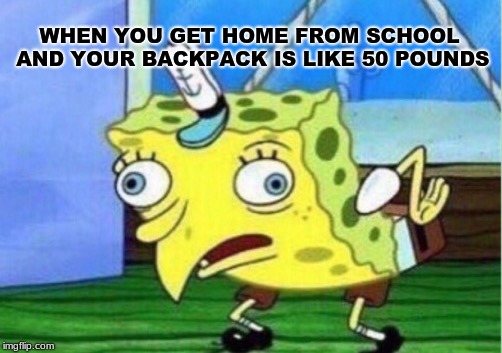 Mocking Spongebob Meme |  WHEN YOU GET HOME FROM SCHOOL AND YOUR BACKPACK IS LIKE 50 POUNDS | image tagged in memes,mocking spongebob | made w/ Imgflip meme maker