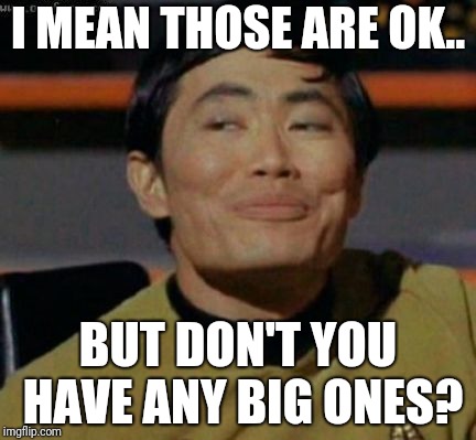 Sulu knows what you're talking about,,, | I MEAN THOSE ARE OK.. BUT DON'T YOU HAVE ANY BIG ONES? | image tagged in sulu knows what you're talking about   | made w/ Imgflip meme maker