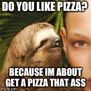 Whisper Sloth Meme | DO YOU LIKE PIZZA? BECAUSE IM ABOUT GET A PIZZA THAT ASS | image tagged in memes,whisper sloth | made w/ Imgflip meme maker
