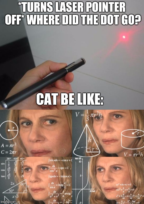 Cats and Laser Pointers | *TURNS LASER POINTER OFF* WHERE DID THE DOT GO? CAT BE LIKE: | image tagged in memes,funny,cats,cat,math lady/confused lady | made w/ Imgflip meme maker