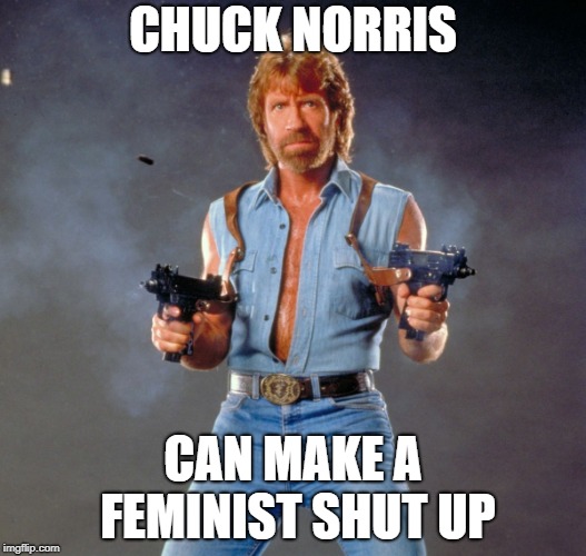 Chuck Norris Guns | CHUCK NORRIS; CAN MAKE A FEMINIST SHUT UP | image tagged in memes,chuck norris guns,chuck norris | made w/ Imgflip meme maker