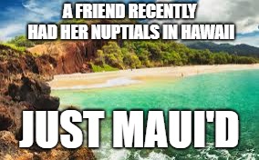 Hawaiian Wedding | A FRIEND RECENTLY HAD HER NUPTIALS IN HAWAII; JUST MAUI'D | image tagged in hawaii,maui,wedding | made w/ Imgflip meme maker