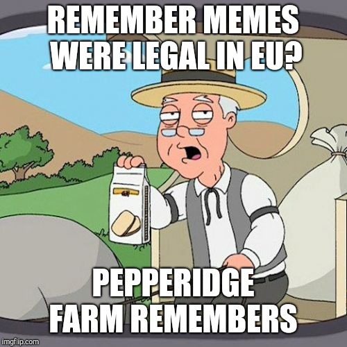 Pepperidge Farm Remembers Meme | REMEMBER MEMES WERE LEGAL IN EU? PEPPERIDGE FARM REMEMBERS | image tagged in memes,pepperidge farm remembers | made w/ Imgflip meme maker