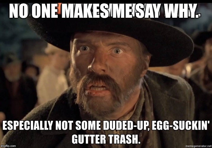 mad dog tannen | NO ONE MAKES ME SAY WHY. | image tagged in mad dog tannen | made w/ Imgflip meme maker