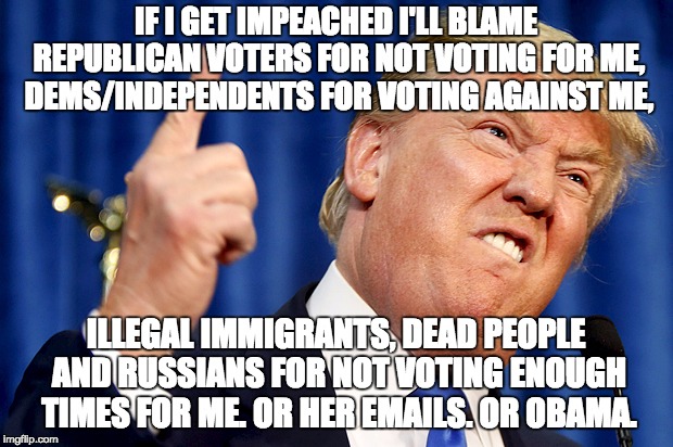 get out of jail plan | IF I GET IMPEACHED I'LL BLAME REPUBLICAN VOTERS FOR NOT VOTING FOR ME, DEMS/INDEPENDENTS FOR VOTING AGAINST ME, ILLEGAL IMMIGRANTS, DEAD PEOPLE AND RUSSIANS FOR NOT VOTING ENOUGH TIMES FOR ME. OR HER EMAILS. OR OBAMA. | image tagged in donald trump,memes,plan,mid terms,maga,blame | made w/ Imgflip meme maker