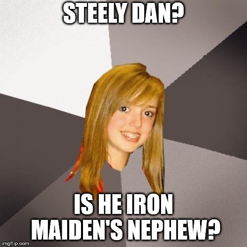 It also works with Iron Man | STEELY DAN? IS HE IRON MAIDEN'S NEPHEW? | image tagged in memes,musically oblivious 8th grader | made w/ Imgflip meme maker