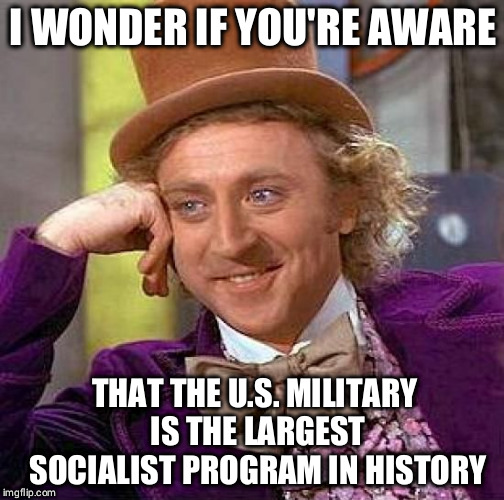 Creepy Condescending Wonka Meme | I WONDER IF YOU'RE AWARE THAT THE U.S. MILITARY IS THE LARGEST SOCIALIST PROGRAM IN HISTORY | image tagged in memes,creepy condescending wonka | made w/ Imgflip meme maker