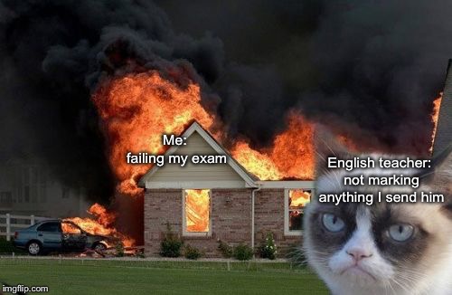 Burn Kitty Meme | Me: failing my exam; English teacher: not marking anything I send him | image tagged in memes,burn kitty,grumpy cat | made w/ Imgflip meme maker