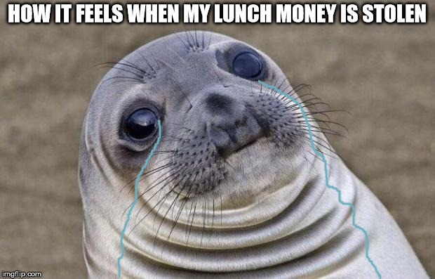 My Poor Lunch Money | HOW IT FEELS WHEN MY LUNCH MONEY IS STOLEN | image tagged in memes,awkward moment sealion | made w/ Imgflip meme maker