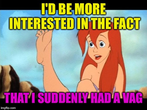 Ariel feet | I'D BE MORE INTERESTED IN THE FACT THAT I SUDDENLY HAD A VAG | image tagged in ariel feet | made w/ Imgflip meme maker