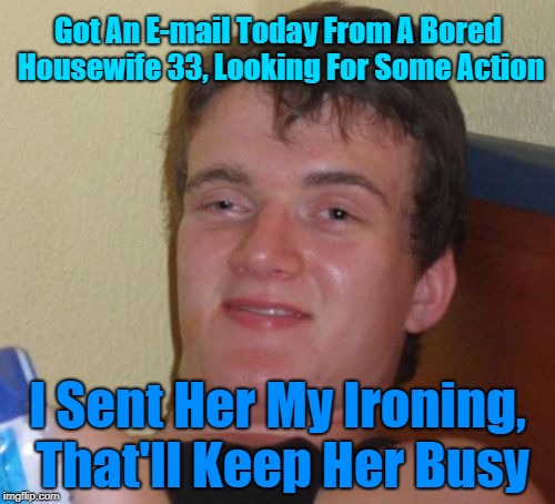 I don't think more "Housework" is what she meant | Got An E-mail Today From A Bored Housewife 33, Looking For Some Action; I Sent Her My Ironing, That'll Keep Her Busy | image tagged in memes,10 guy,bored,woman,housework,looking for action | made w/ Imgflip meme maker