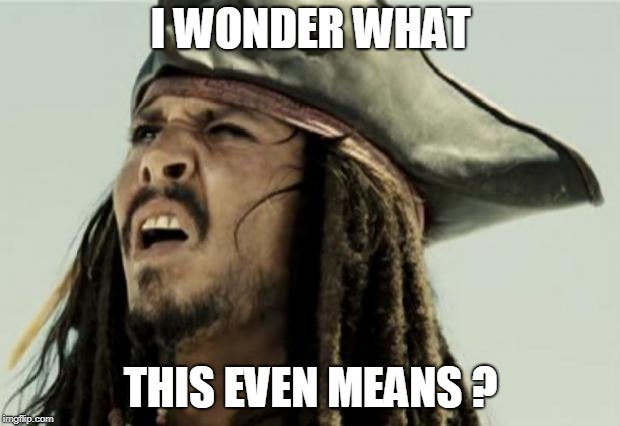 confused dafuq jack sparrow what | I WONDER WHAT THIS EVEN MEANS ? | image tagged in confused dafuq jack sparrow what | made w/ Imgflip meme maker