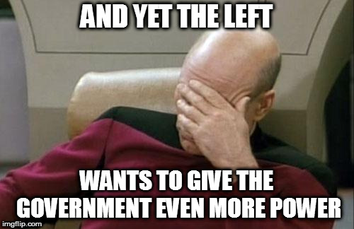 Captain Picard Facepalm Meme | AND YET THE LEFT WANTS TO GIVE THE GOVERNMENT EVEN MORE POWER | image tagged in memes,captain picard facepalm | made w/ Imgflip meme maker