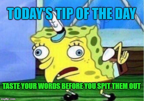 Are they sour/bitter? | TODAY'S TIP OF THE DAY; TASTE YOUR WORDS BEFORE YOU SPIT THEM OUT | image tagged in memes,mocking spongebob,funny | made w/ Imgflip meme maker