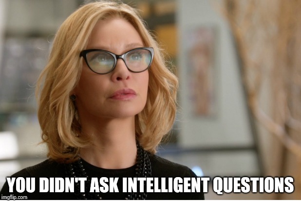 Callista Flockhart | YOU DIDN'T ASK INTELLIGENT QUESTIONS | image tagged in callista flockhart | made w/ Imgflip meme maker