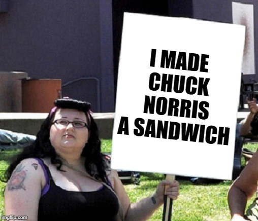 Protesting Feminist | I MADE CHUCK NORRIS A SANDWICH | image tagged in protesting feminist | made w/ Imgflip meme maker