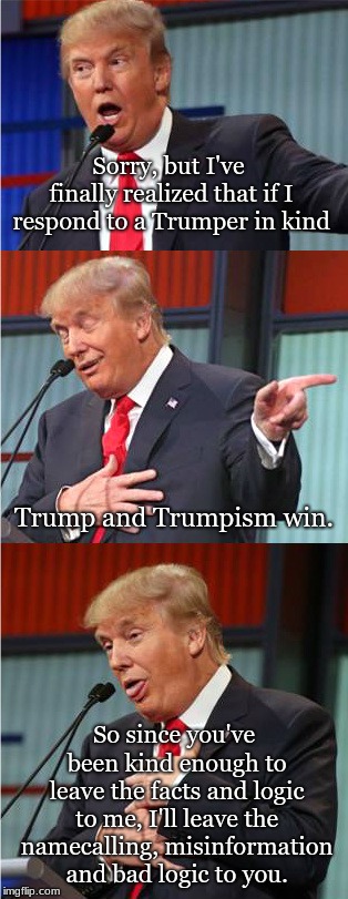 Bad Pun Trump | Sorry, but I've finally realized that if I respond to a Trumper in kind; Trump and Trumpism win. So since you've been kind enough to leave the facts and logic to me, I'll leave the namecalling, misinformation and bad logic to you. | image tagged in bad pun trump | made w/ Imgflip meme maker